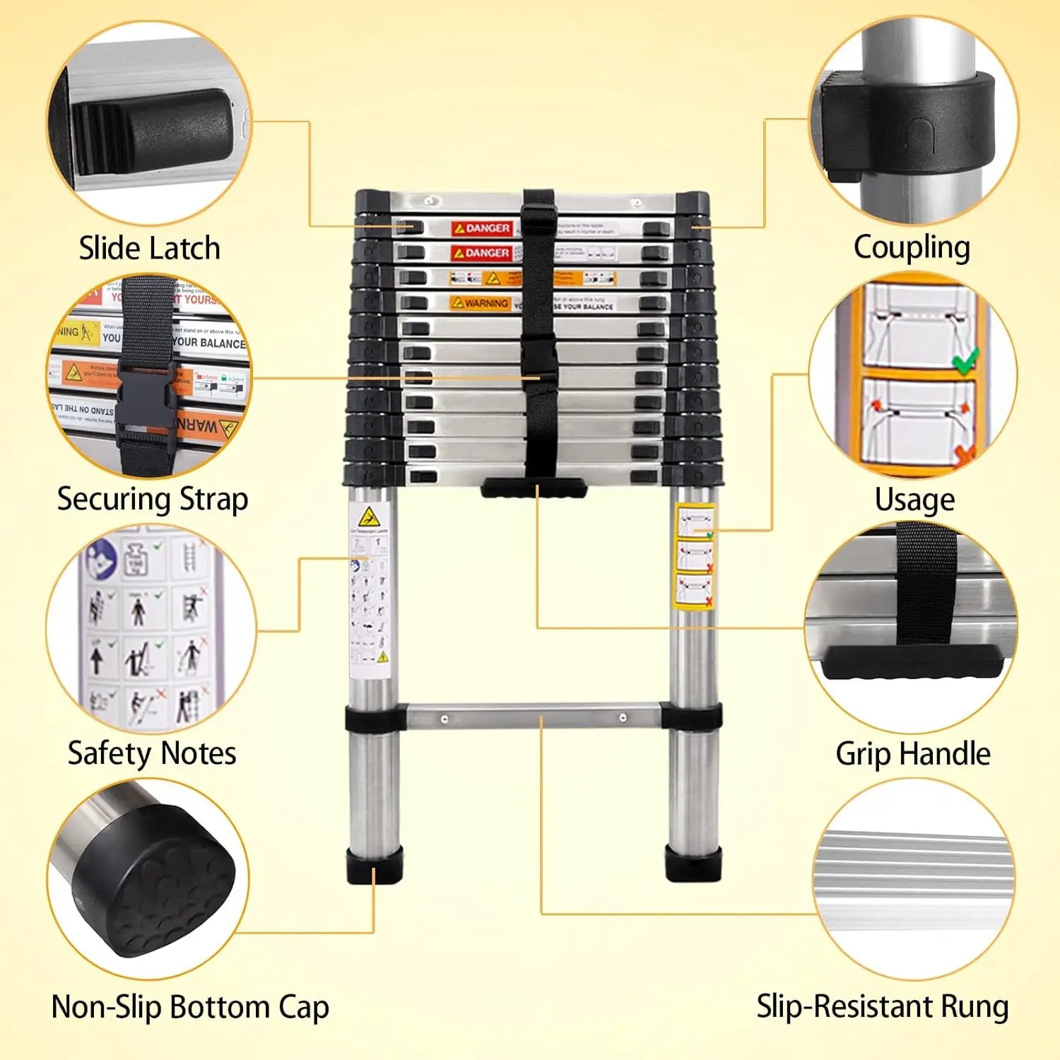 Telescoping Ladder Stainless Steel Folding Ladder Portable Extendable Loft Ladder Capacity Max Load 150kg/330lb,EN131