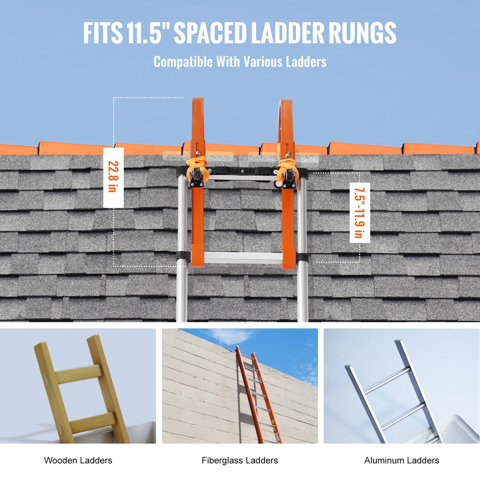 Ladder Roof Hook Heavy Duty Steel Ladder Stabilizer Roof Ridge Extension Rubber Grip T-Bar 500 lbs