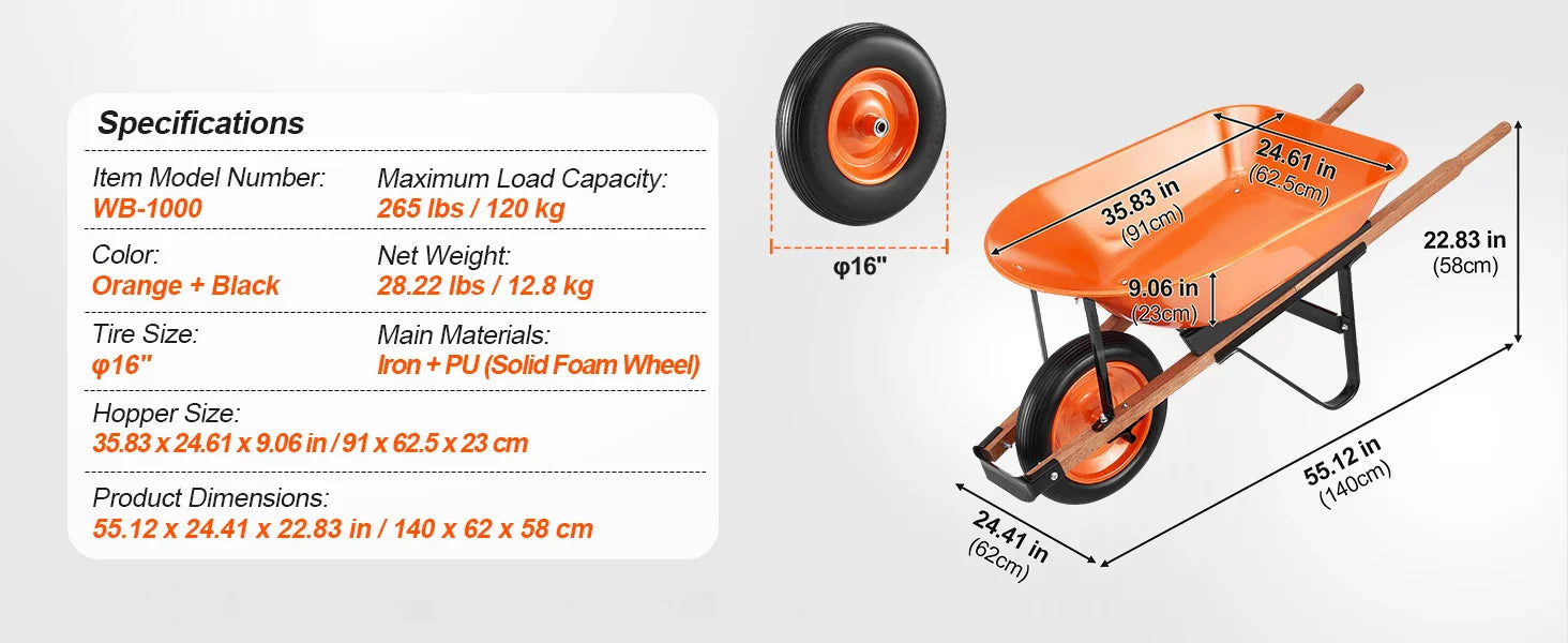 Wheelbarrow Cart 330lbs Capacity One Wheel Garden Dump Cart Wheel Barrow with Handle &  16"  Wide Track Wheels for Farm