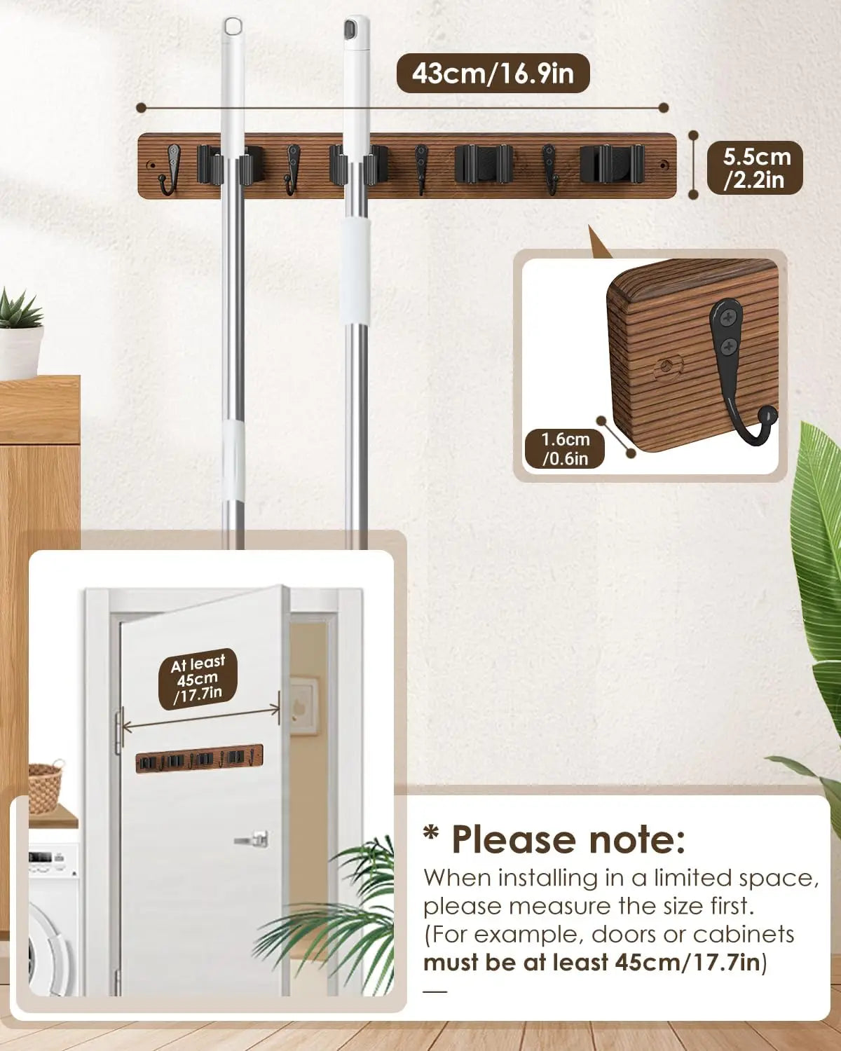 Wooden Broom Holder Wall Mount - 4 Holders 4 Hooks