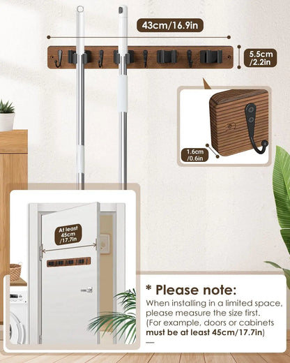Wooden Broom Holder Wall Mount - 4 Holders 4 Hooks