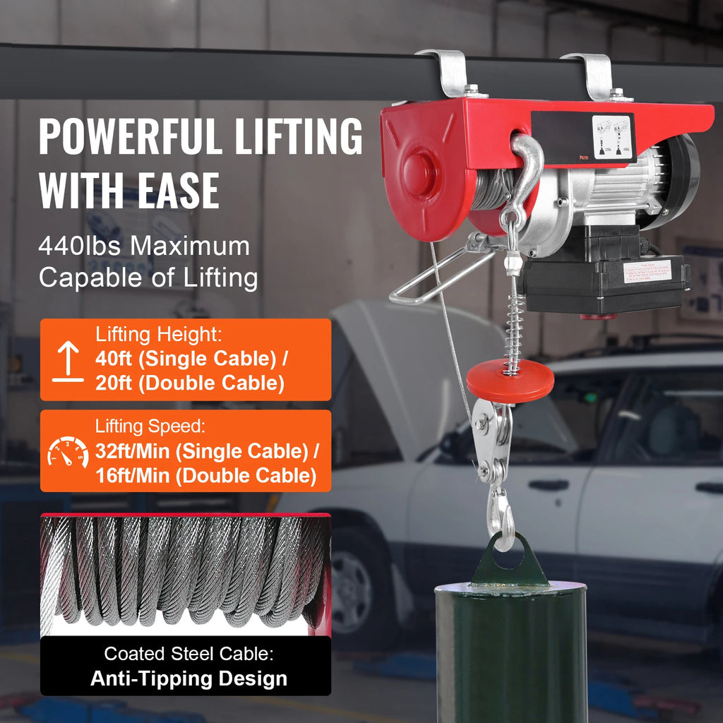 440lbs Wireless Electric Lifting Hoist with 40ft Single/20ft Double Slings Lifting Height Lift Hoist for Garage