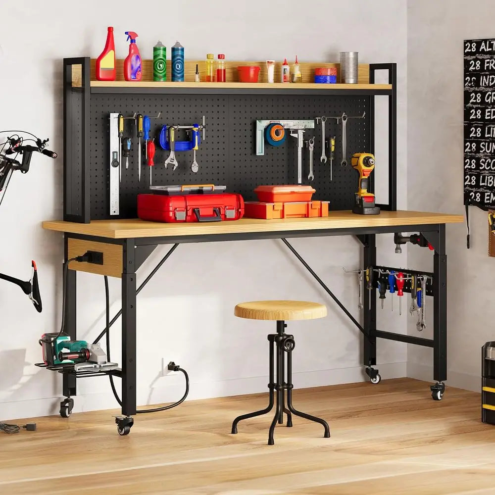 60" Adjustable Workbench with Pegboard, Heavy Duty Wood Top Work Bench with Wheels, 1600 LBS Load acity, Rolling Work Table with