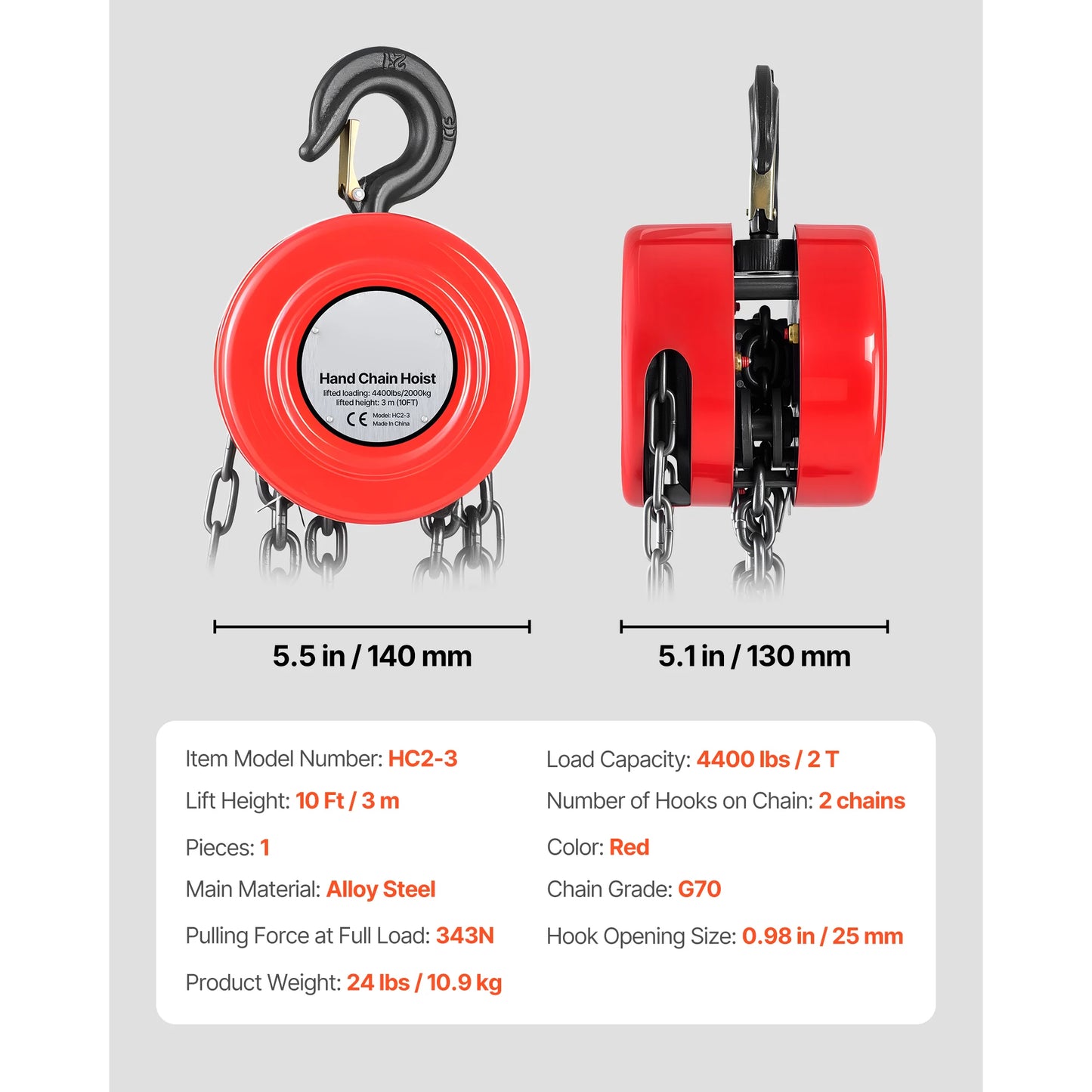 1T/2T Manual Chain Hoist with 8-20 ft Lift Height