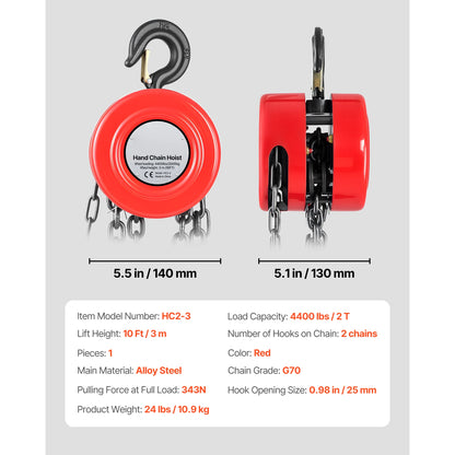1T/2T Manual Chain Hoist with 8-20 ft Lift Height