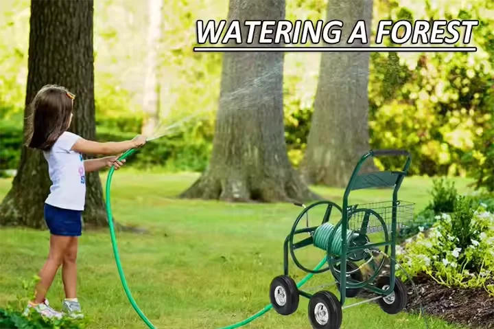 Heavy-Duty Movable Steel Gaeden Tool Cart Garden Hose Reel Cart With Basket Amd 4 Wheels For Garden Watering