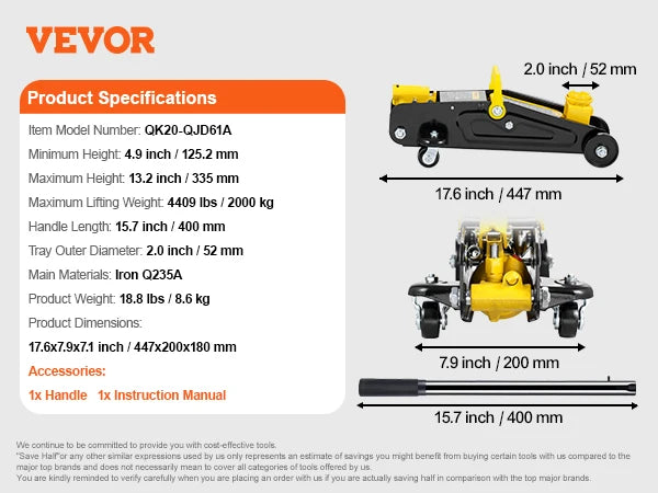 2 Ton Low Profile Floor Jack Heavy Duty Iron Hydraulic Racing Floor Jack Hydraulic Car Jack Dual Piston Quick Lift Pump