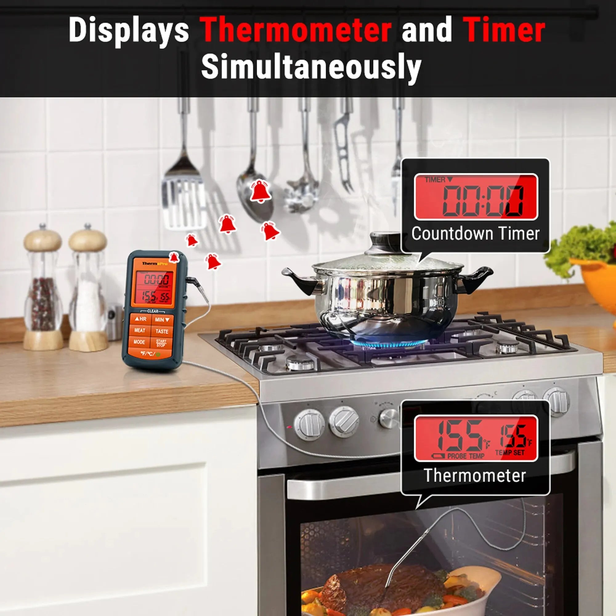 ThermoPro TP06B Digital Kitchen Food Thermometer Single Probe with Timer/Temperature Alarm for Smoker BBQ Meat Cooking