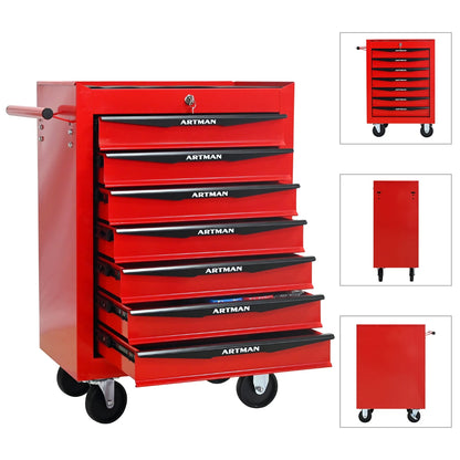 7-Drawer Rolling Tool Cabinet - Lockable Steel, Red