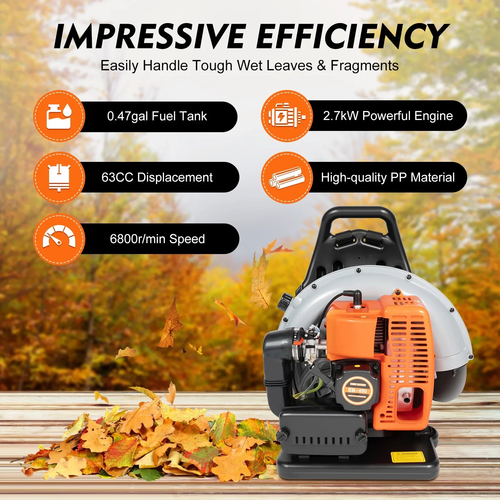 Backpack Leaf Blower 63CC 2 Stroke Gas Powered Leaf Blowers with 1.8L Fuel Tank,  Air Cooling Grass Blower for Yard