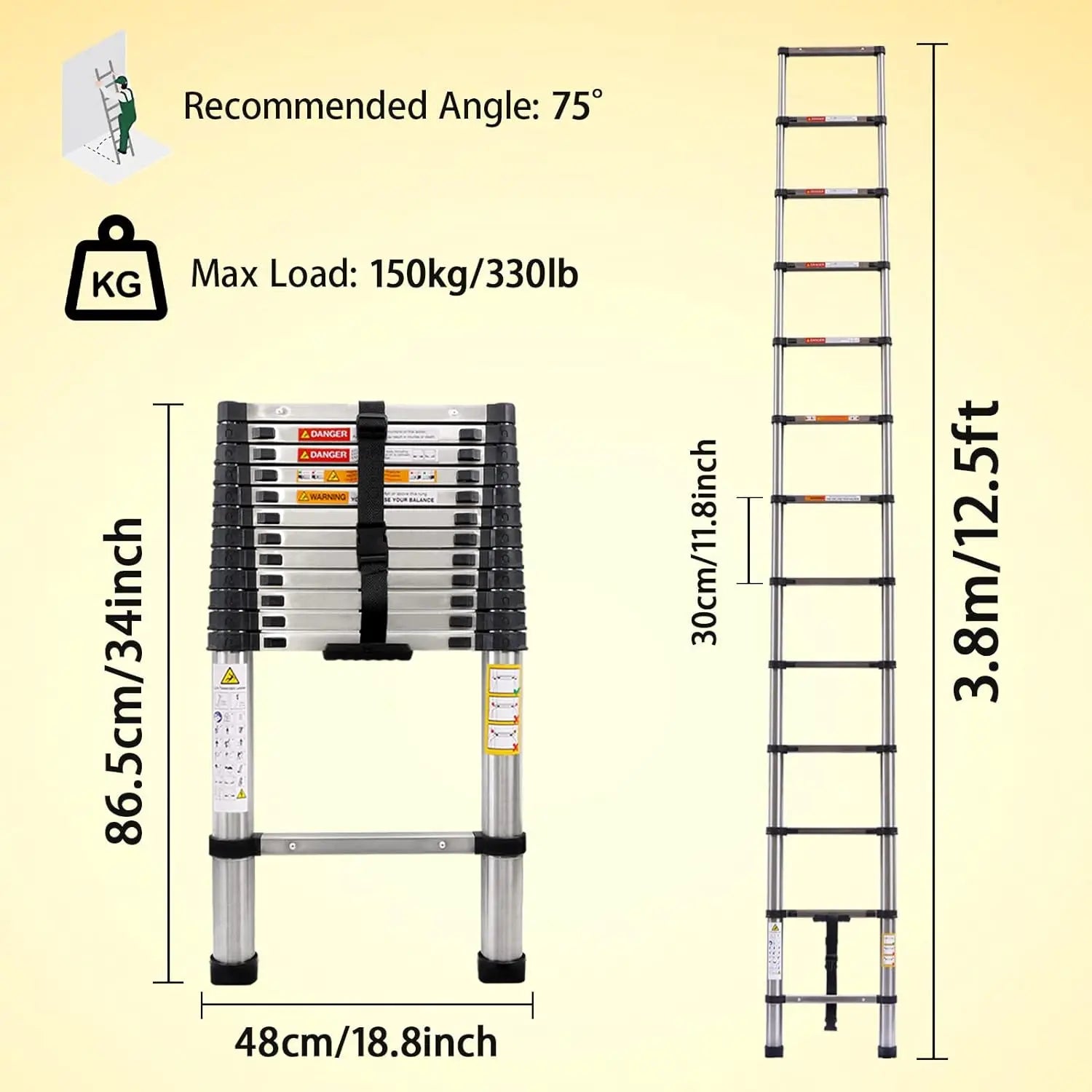 Telescoping Ladder Stainless Steel Folding Ladder Portable Extendable Loft Ladder Capacity Max Load 150kg/330lb,EN131