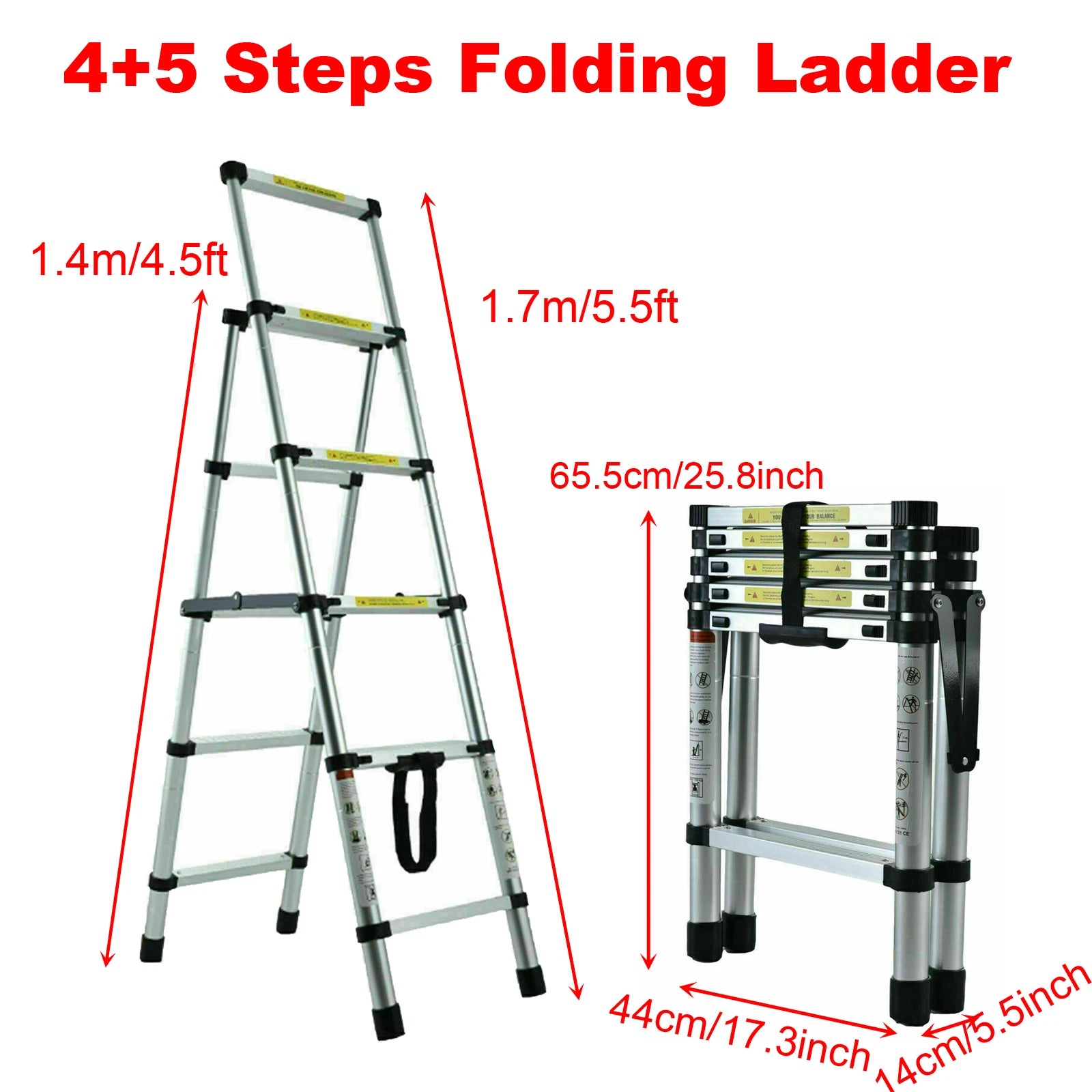 4/5/6 Step Folding Extension Ladder, Aluminum Portable Compact Safety Loft Ladders, 330 LBS Max Load, EN131