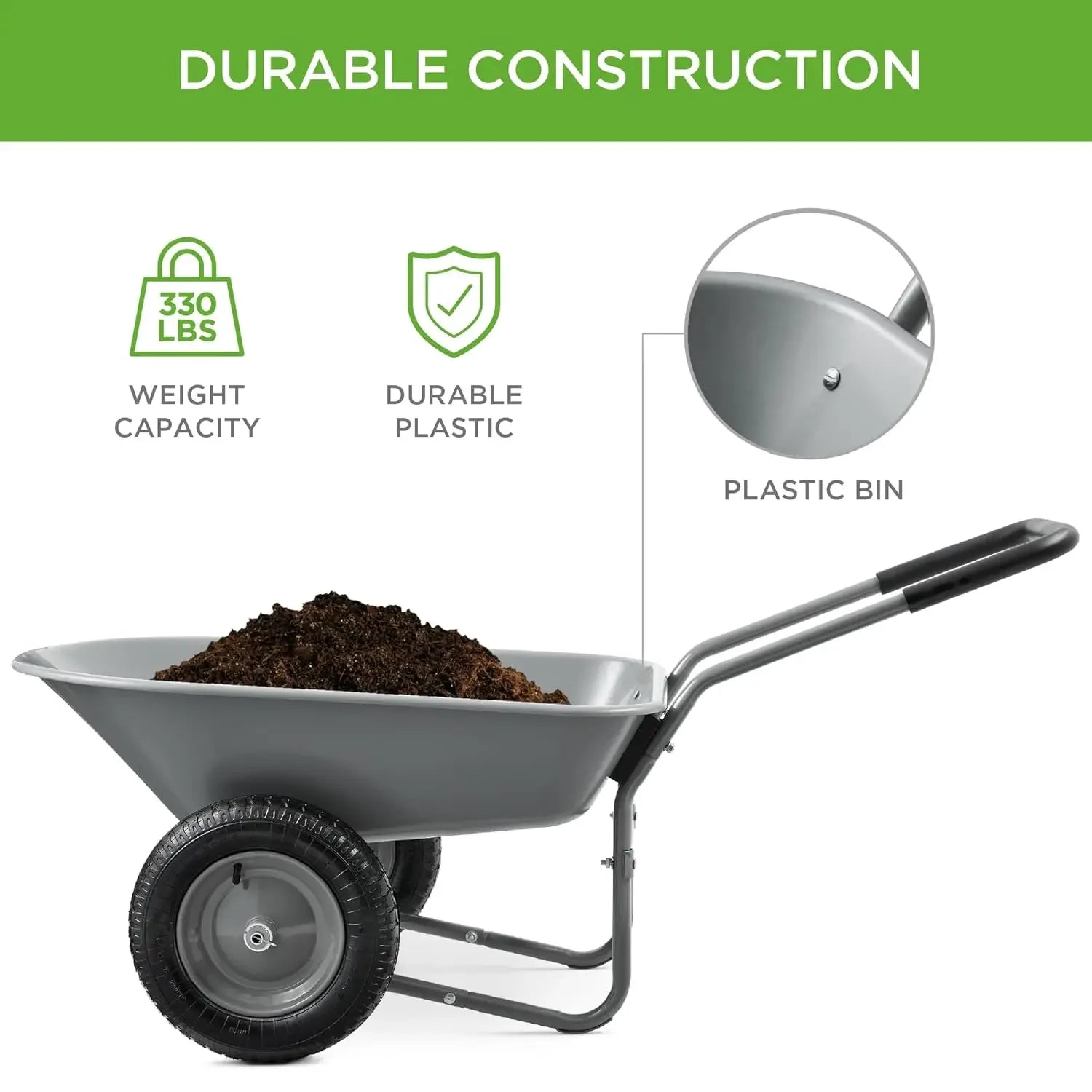 Dual-Wheel Home Utility Yard Wheelbarrow Garden Cart w/Built-in Stand for Lawn, Gardening, Construction - Gray