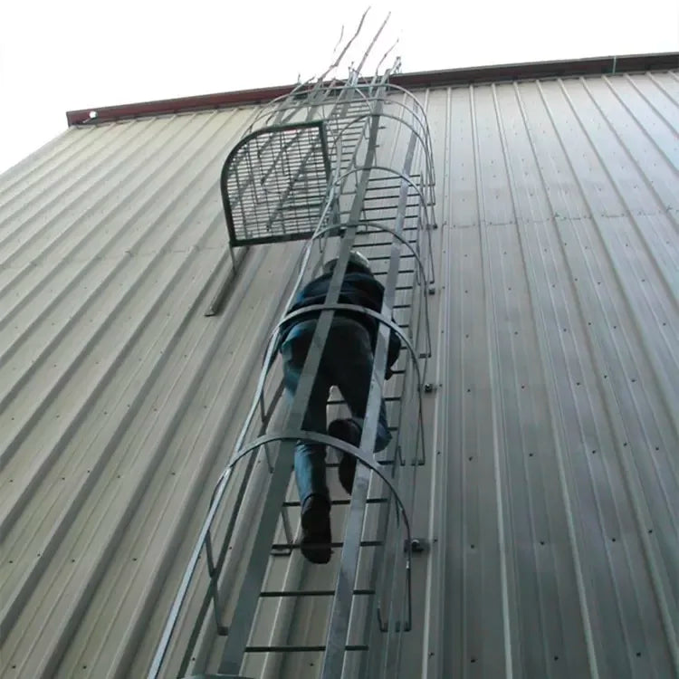 Outdoor Vertical Cage Ladders Steel Fiberglass FRP Material Angled Steel Cat Cage Step Ladder for Fire Escape Access