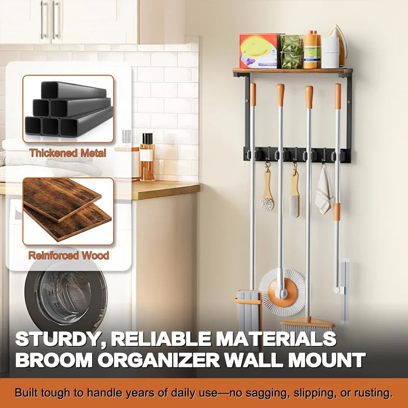 Wall-Mounted Broom & Mop Holder with Wood Storage Shelf