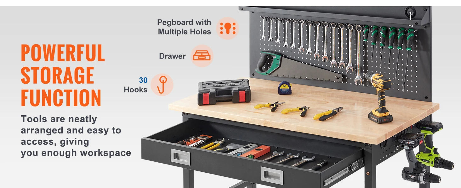 2000lbs Hardwood Workbench Oak Plank Garage Work Table Carbon Steel with 3m Cable 30 Hooks for Garage Office Workshop