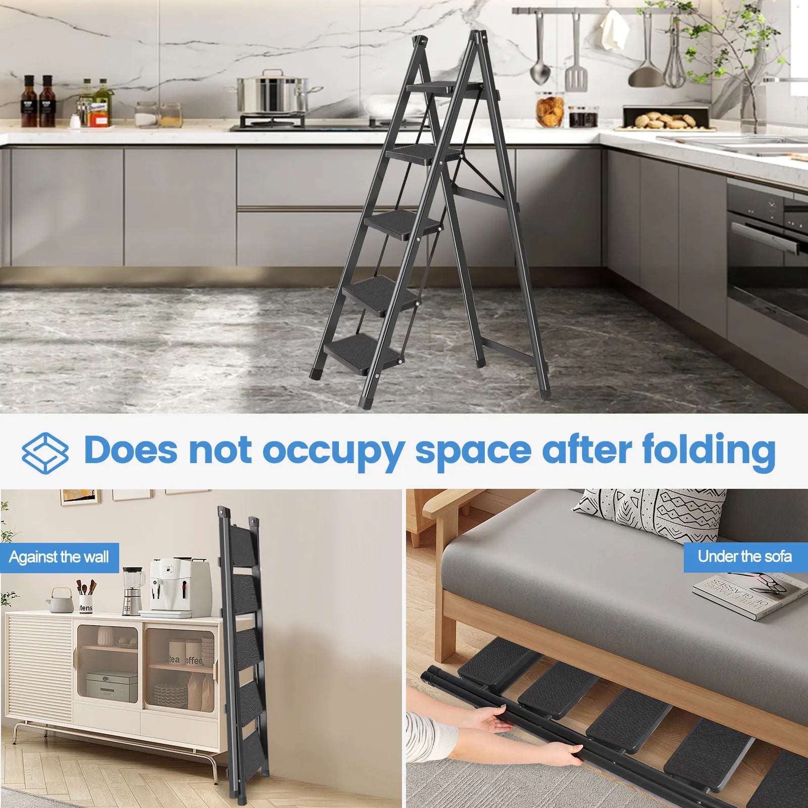 Non-Slip Treads, Multifunctional Household Ladder Folding Stair Stretchable Herringbone Ladders Multifunctional Five-step