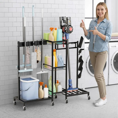 3-Tier Rolling Broom & Mop Storage Rack with Brakes