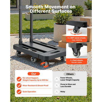 Folding Hand Truck 500 lbs with 6 Wheels & Ropes