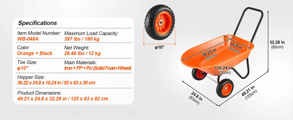 Wheelbarrow Cart 330lbs Capacity One Wheel Garden Dump Cart Wheel Barrow with Handle &  16"  Wide Track Wheels for Farm