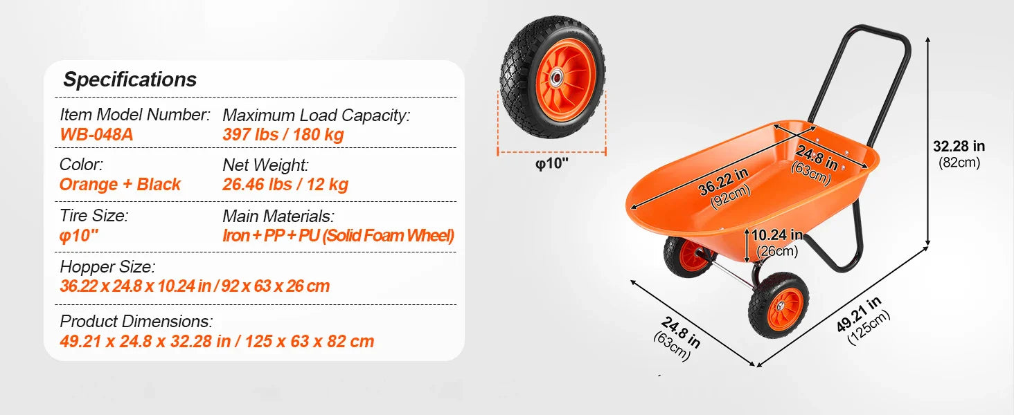 Wheelbarrow Cart 330lbs Capacity One Wheel Garden Dump Cart Wheel Barrow with Handle &  16"  Wide Track Wheels for Farm