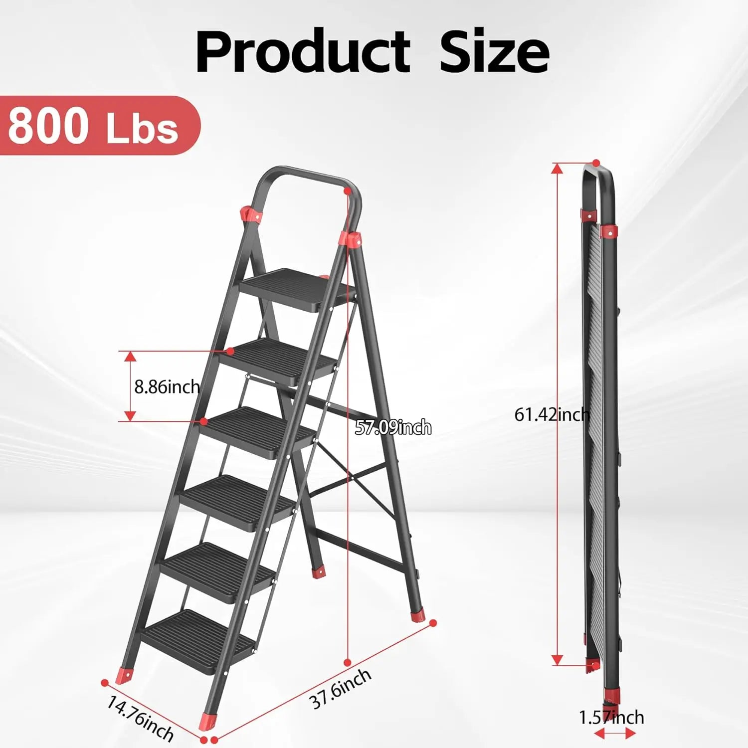 6-Step Foldable Step Ladder Stool with Handle, Anti-Slip Wide Pedals & Feet, 800lbs Capacity, Sturdy Stepstool Folding for Adult