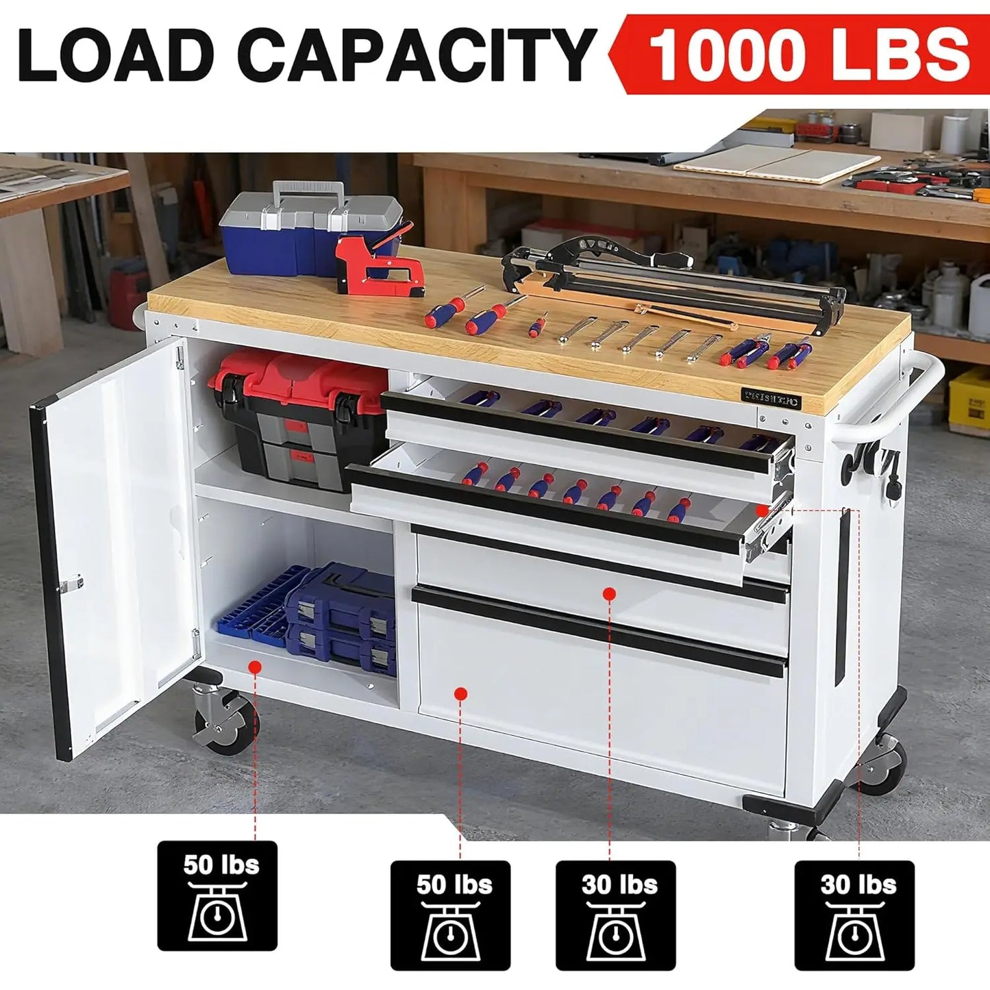 52" Rolling Tool Chest 5-Drawer with Power Strip
