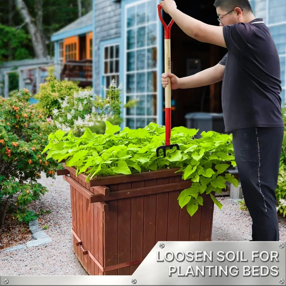 4-Tine Steel Garden Fork, 45-Inch Wood Handle, Heavy Duty Digging Tool for Soil Compost Mulching