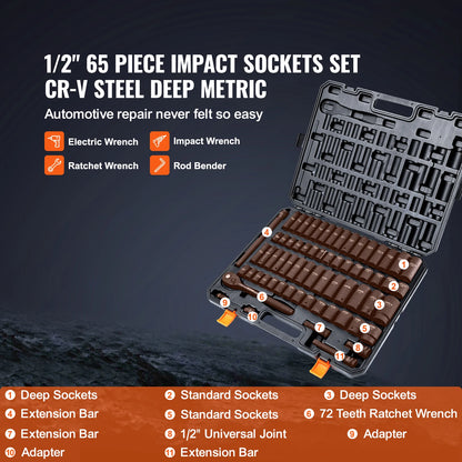 1/2" Drive Impact Socket Set - Cr-V Alloy Steel