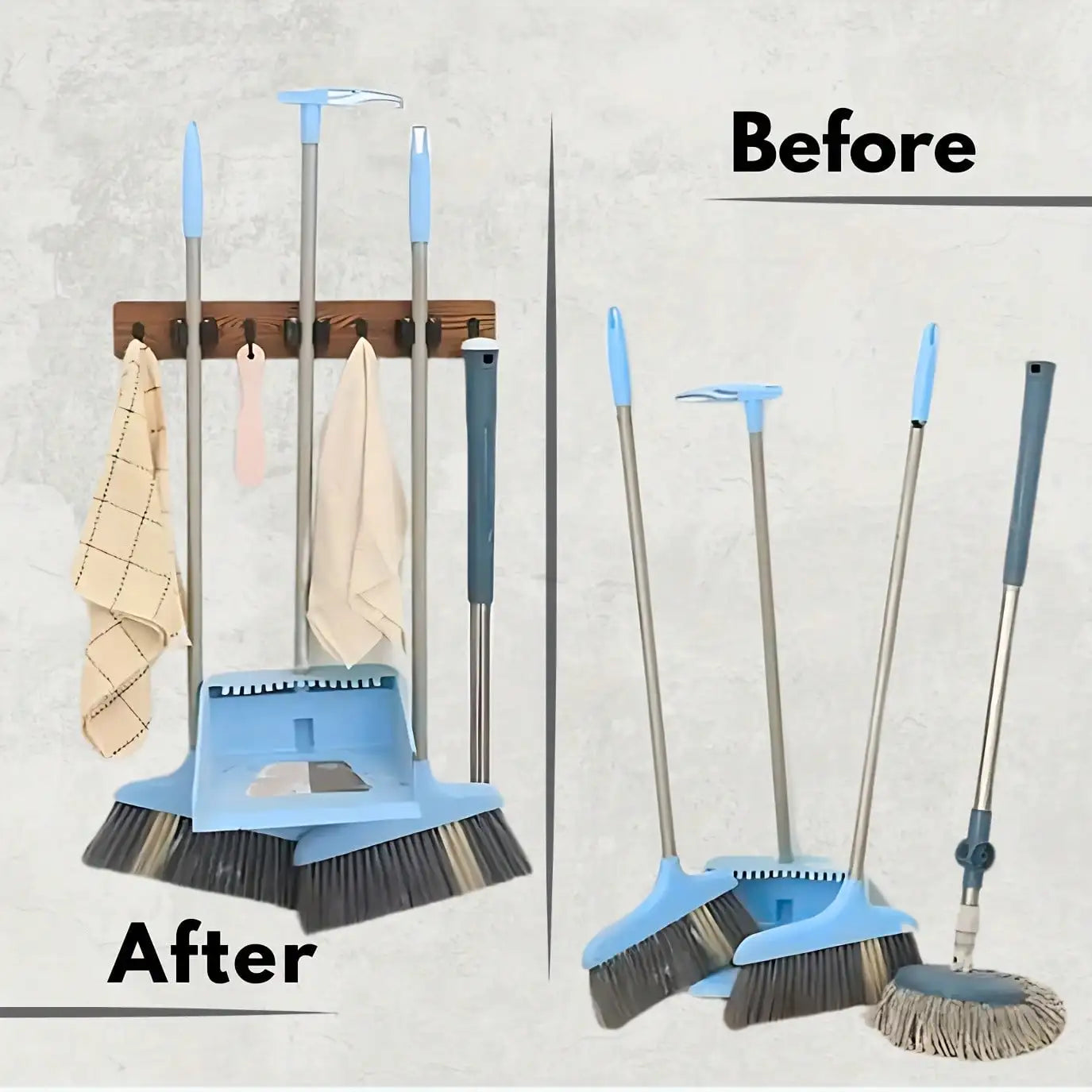 Close-up of spring-loaded clip slots on the wall mounted broom holder