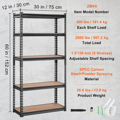 5-Tier Metal Storage Shelving 2000 lbs, 30x12x60"