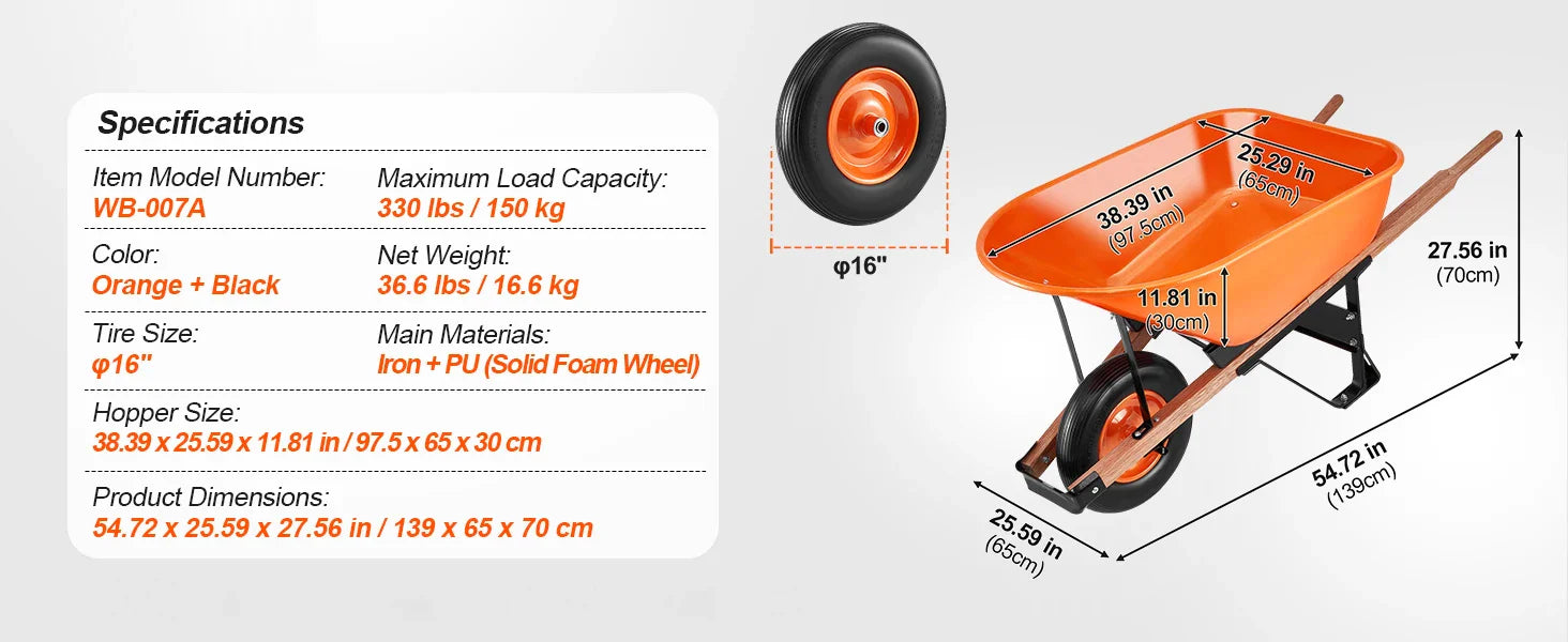 Wheelbarrow Cart 330lbs Capacity One Wheel Garden Dump Cart Wheel Barrow with Handle &  16"  Wide Track Wheels for Farm