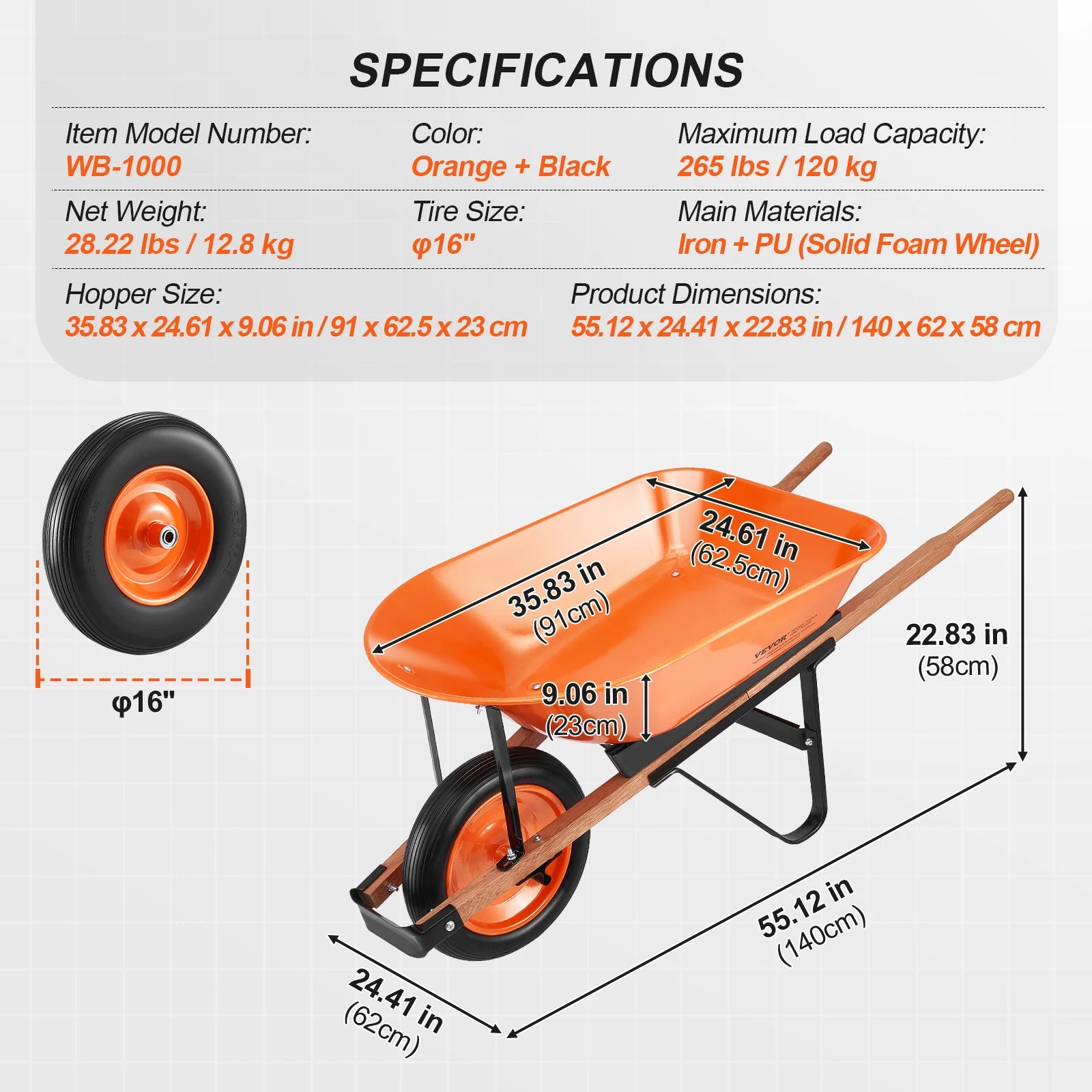 Wheelbarrow Cart 330lbs Capacity One Wheel Garden Dump Cart Wheel Barrow with Handle &  16"  Wide Track Wheels for Farm