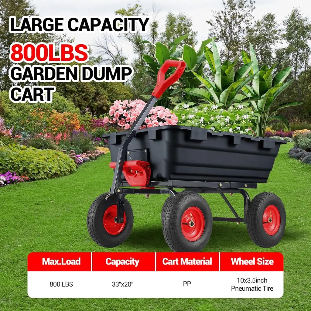 800 Lbs Garden Dump Carts, Heavy Duty Yard Cart, 4 Wheel Wheelbarrow with 10in Tires,180°Rotating Handle, for Plants, Soil, Sand