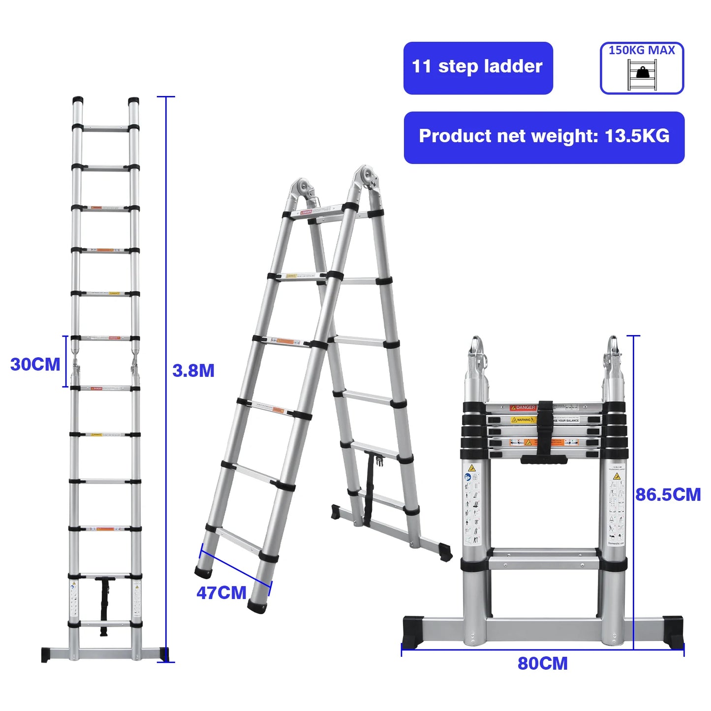 Aluminum A-Frame Folding Ladder 150kg - Non-Slip