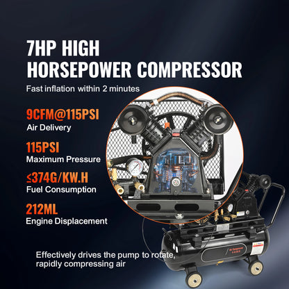 Gas Air Compressor 7-15 HP, 10-30 Gallon, 115 PSI