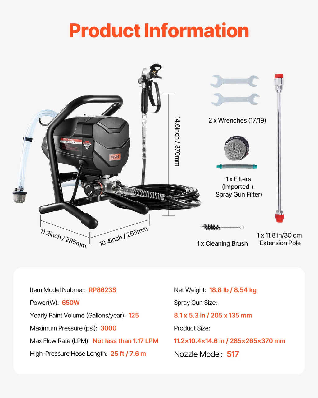 Stand Airless Paint Sprayer, 650W High Efficiency Airless Sprayer, 3000PSI Electric Paint Sprayer Machine Extension Rod