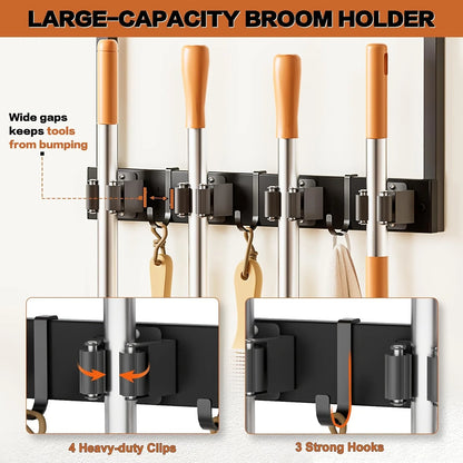 Wall-Mounted Broom & Mop Holder with Wood Storage Shelf