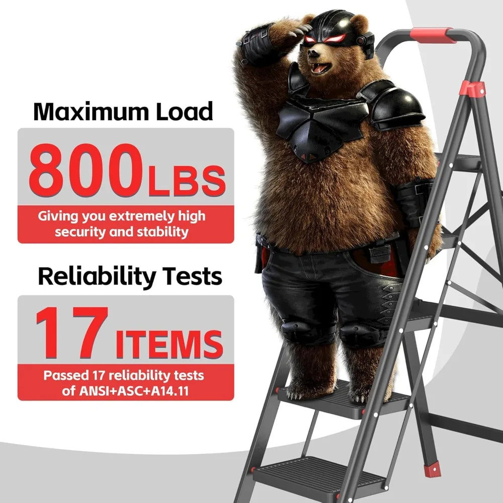5-Step Folding Ladder 800 lbs - Anti-Slip, Black