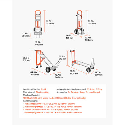 4-in-1 Aluminum Hand Truck Dolly 1000 lbs
