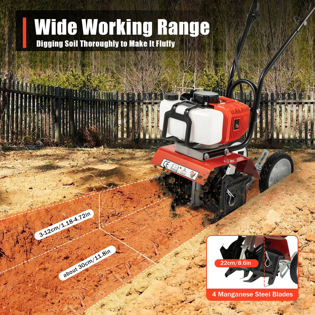 52CC 1700W Gasoline Garden Tiller Cordless 2-stroke Air-Cooled Cultivator Rotary for Trenching Loosening 12in/30cm Wide 12cm dp