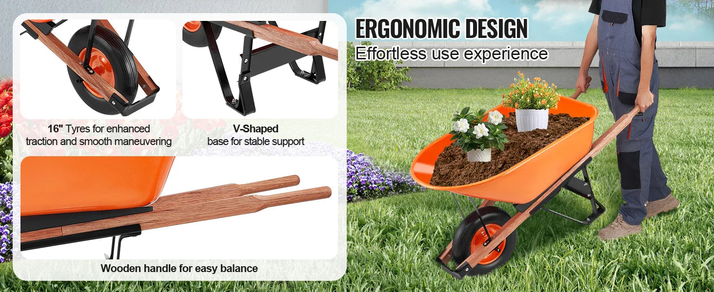 Wheelbarrow Cart 330lbs Capacity One Wheel Garden Dump Cart Wheel Barrow with Handle &  16"  Wide Track Wheels for Farm