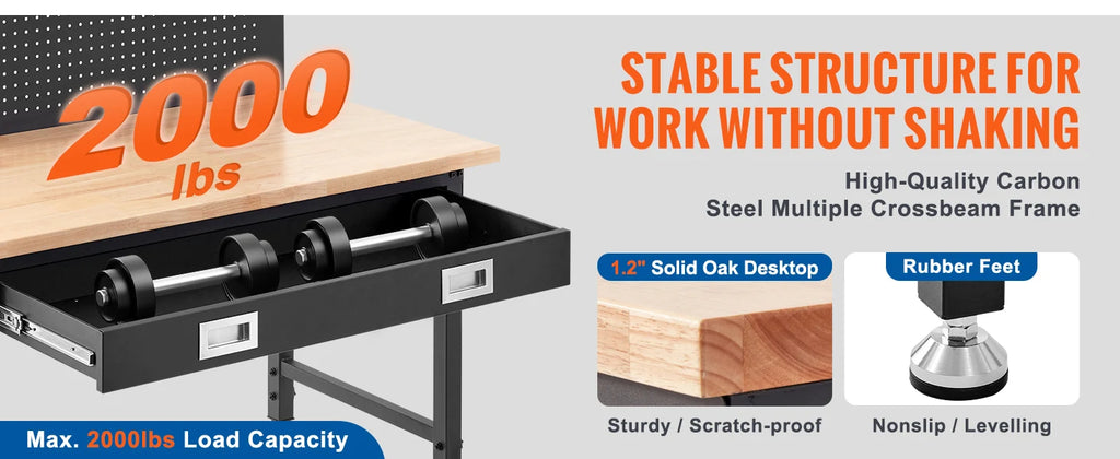 2000lbs Hardwood Workbench Oak Plank Garage Work Table Carbon Steel with 3m Cable 30 Hooks for Garage Office Workshop