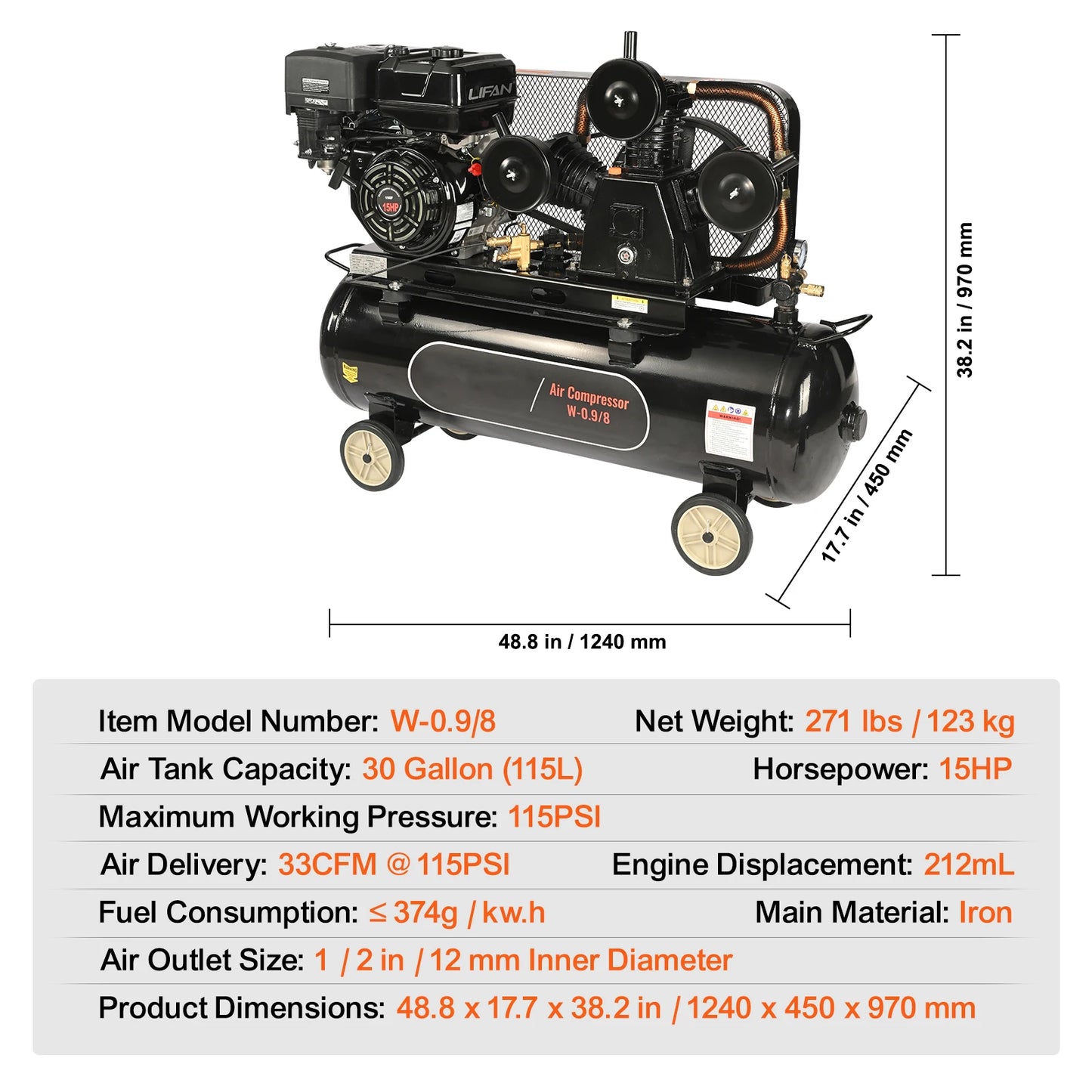 Gas Air Compressor 7-15 HP, 10-30 Gallon, 115 PSI