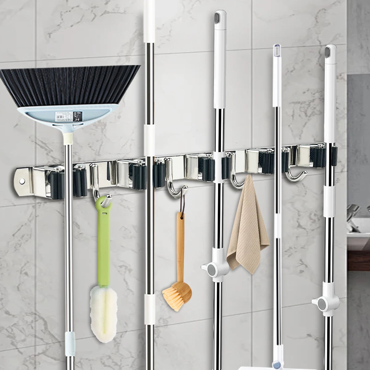 4-Hook Adhesive Broom & Mop Wall Organizer