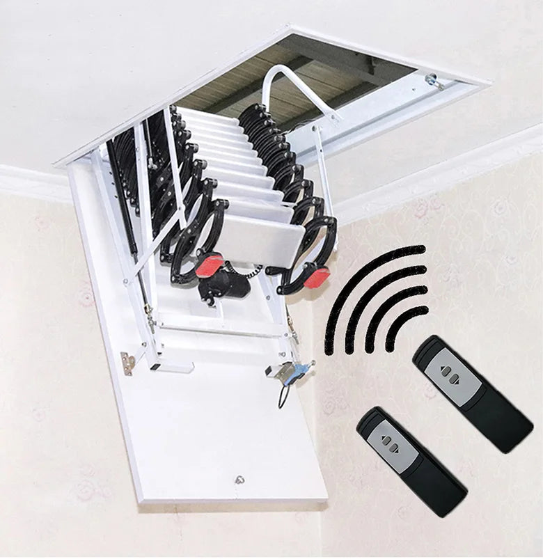 Electric attic stairs with handrails remote control ceiling folding telescopic ladder with hatch