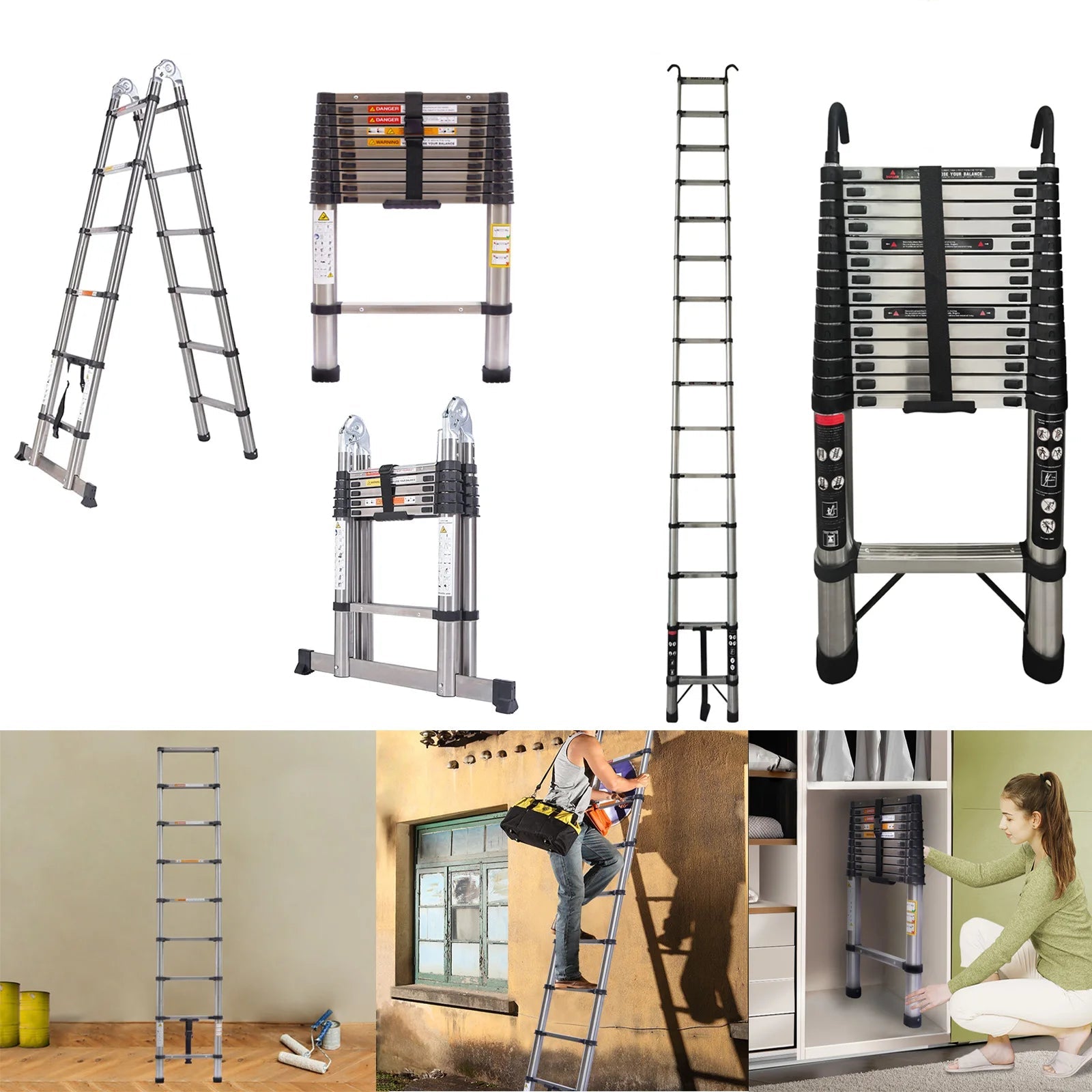 Telescoping Ladder Stainless Steel Folding Ladder Portable Extendable Loft Ladder Capacity Max Load 150kg/330lb,EN131