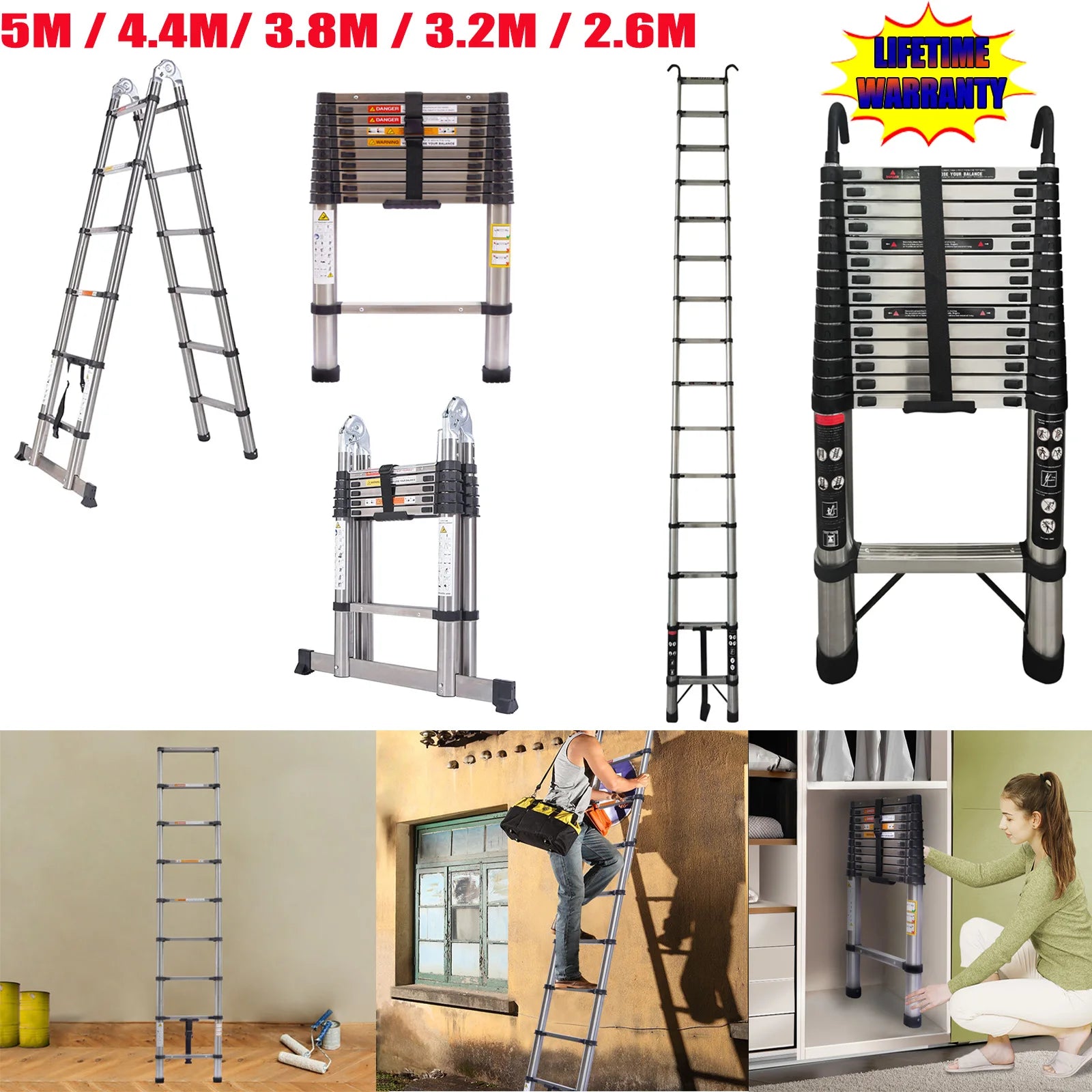 Ladder Stainless Steel Folding Ladder Portable Extendable Loft Ladder Capacity Max Load 150kg/330lb,EN131