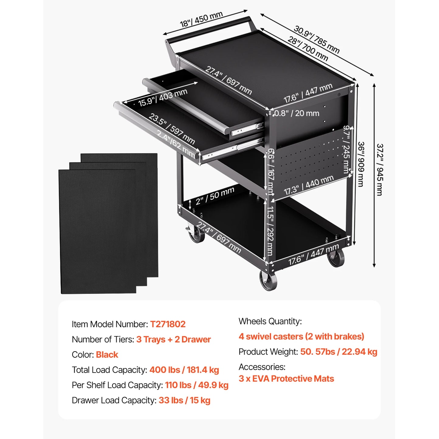 Rolling Tool Cart 5-Tier with Pegboard & 2 Drawers