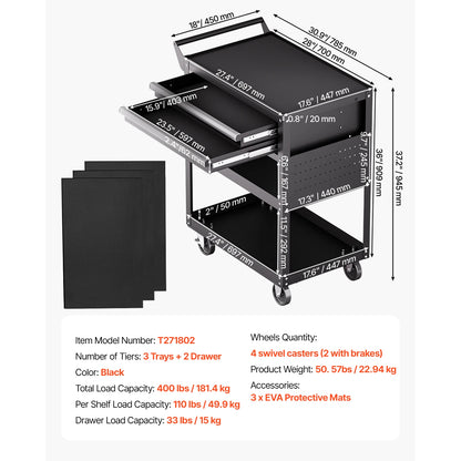Rolling Tool Cart 5-Tier with Pegboard & 2 Drawers
